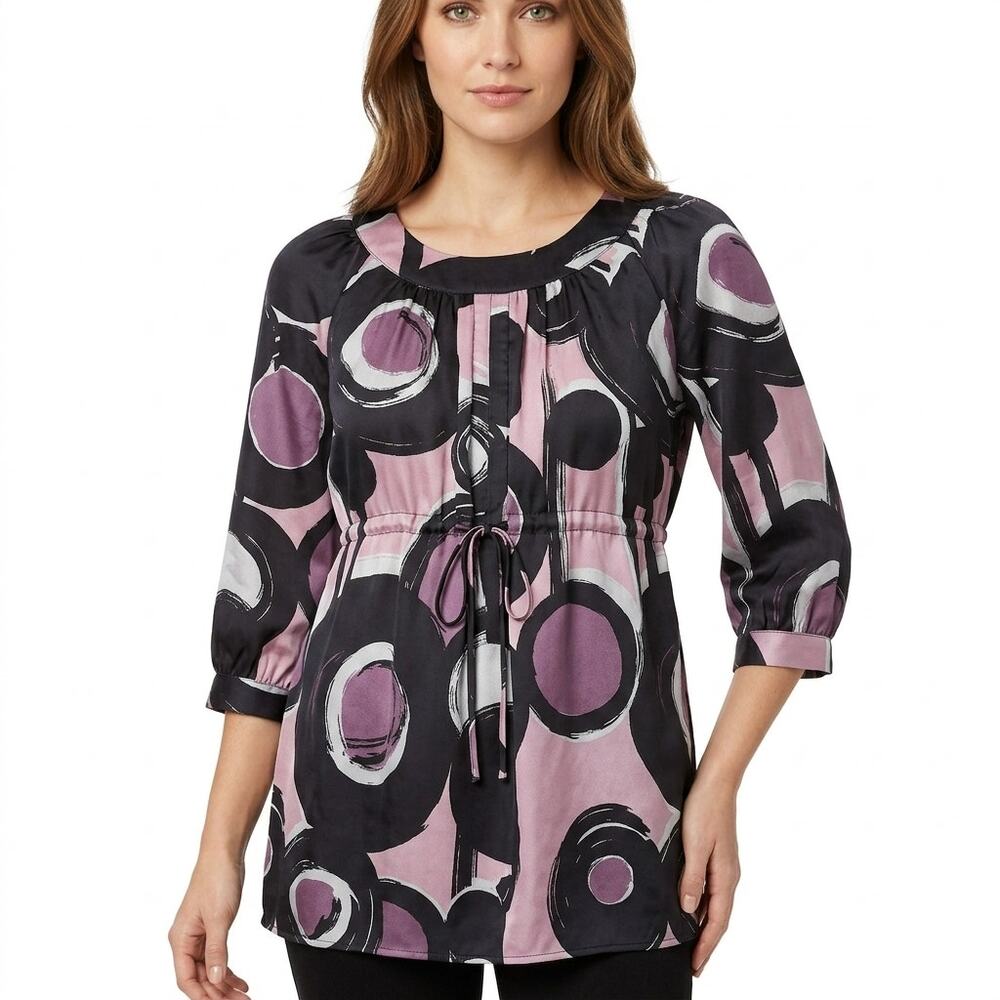 a.n.a 100% Silk Multicolor Abstract Button Tie Front Top Women Size S